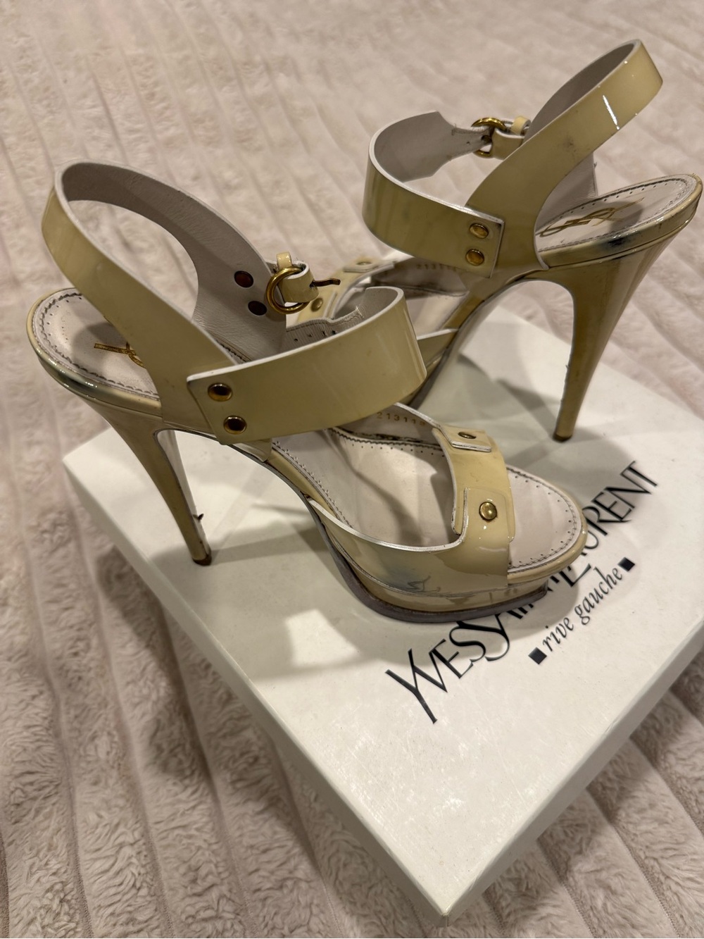 Yves Saint Laurent Cream Patent Leather Slingback High Heels with Gold Hardware